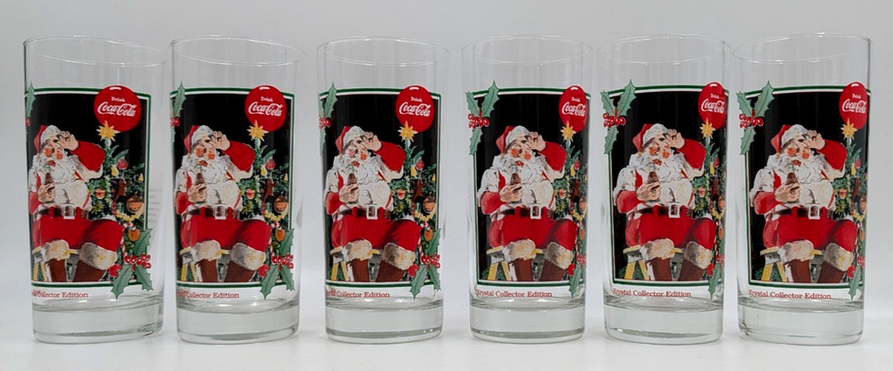 1995 Coca-Cola Krystal Collector Edition Sundblom Santa Glasses Set of 6